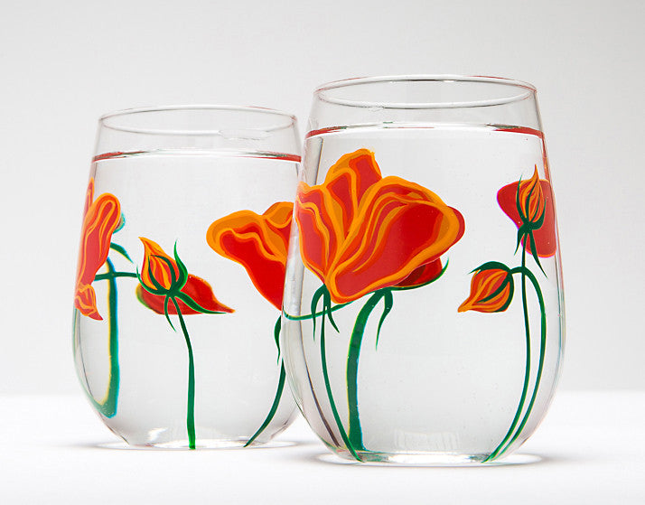 California Poppies Stemless Wine Glasses