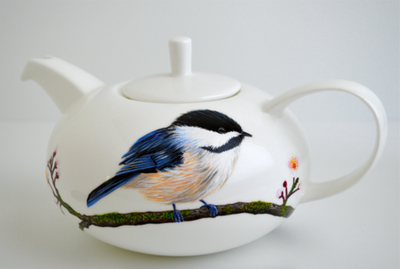 Painted Carolina Wren and Chickadee Teapots