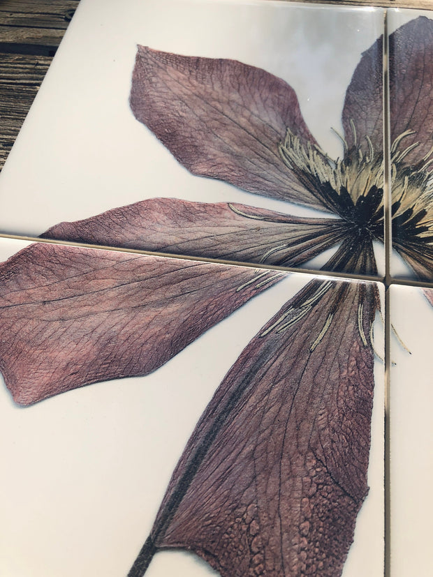 Purple Clematis Flower Tile Mural: Ceramic Art, Set of 4