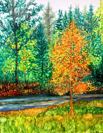 Front Yard in Fall : Fine Art Print from Alcohol Ink Painting