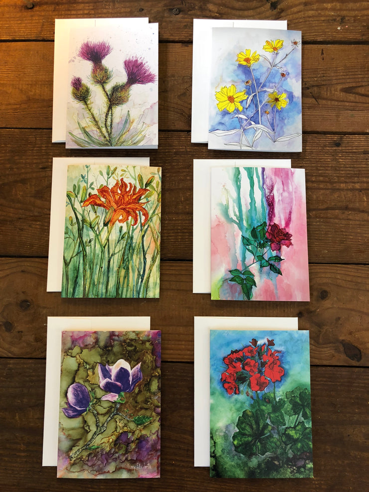 Box Set of 6 Greeting Cards: Cards, Thistles, Daylily, Rose, Magnolia, Geranium, Blank Artist Cards, Mother's Day Cards