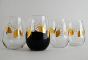 Metallic Gold Retro Christmas Lights Stemless Wine Glasses - Set of 2