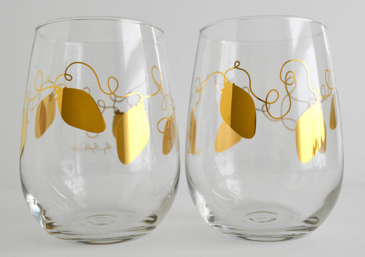 Metallic Gold Retro Christmas Lights Stemless Wine Glasses - Set of 2