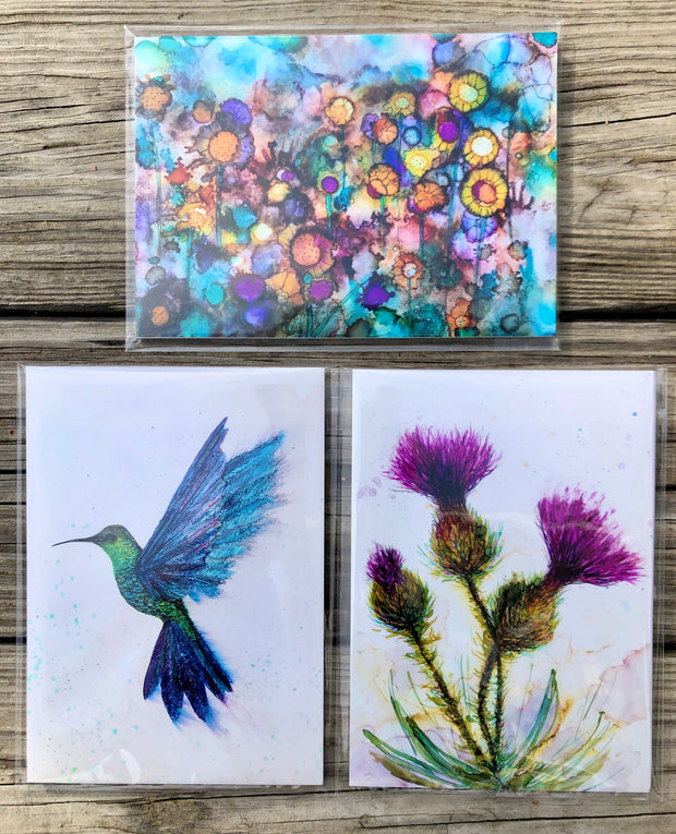 Boxed Set Collection of 3 Art Prints: 5 x 7 inch Prints including Hummingbird, Thistle and Field of Flowers Artist Paintings