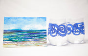 Beach Theme 3 piece Gift Set : Greeting Card and Stemless Wine Glasses