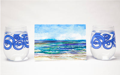 Beach Theme 3 piece Gift Set : Greeting Card and Stemless Wine Glasses