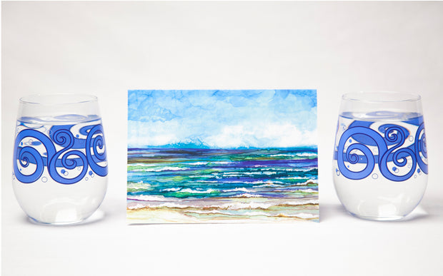 Beach Theme 3 piece Gift Set : Greeting Card and Stemless Wine Glasses