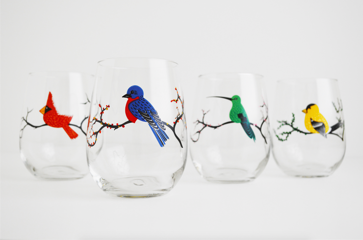 Four Birds Stemless Wine Glasses