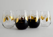 Metallic Gold Retro Christmas Lights Stemless Wine Glasses - Set of 2