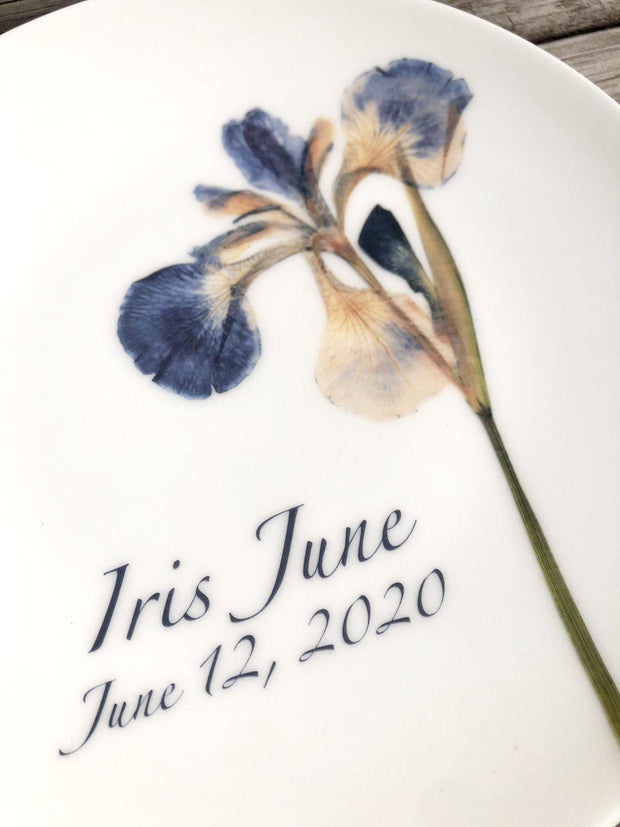 Pressed Iris Personalized Plates, Commemorative Plate, Baby's First Plate