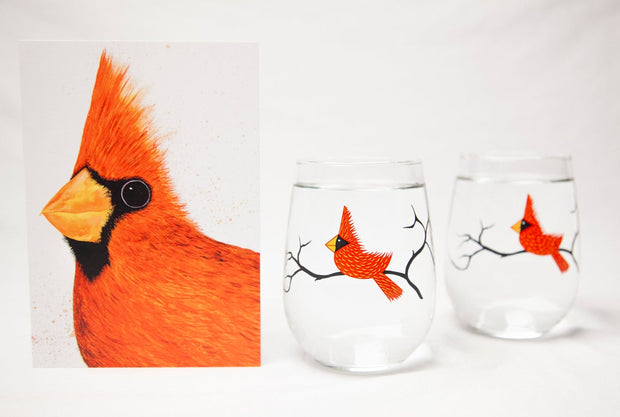 Big Red Cardinal 3 Piece Stemless Glassware Gift Set