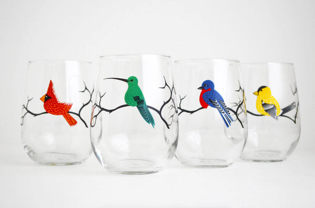 Colorful Birds Glasses: Set of 4
