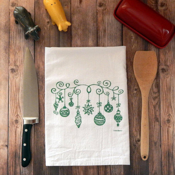 Vintage Christmas Ornaments Tea Towel in Green