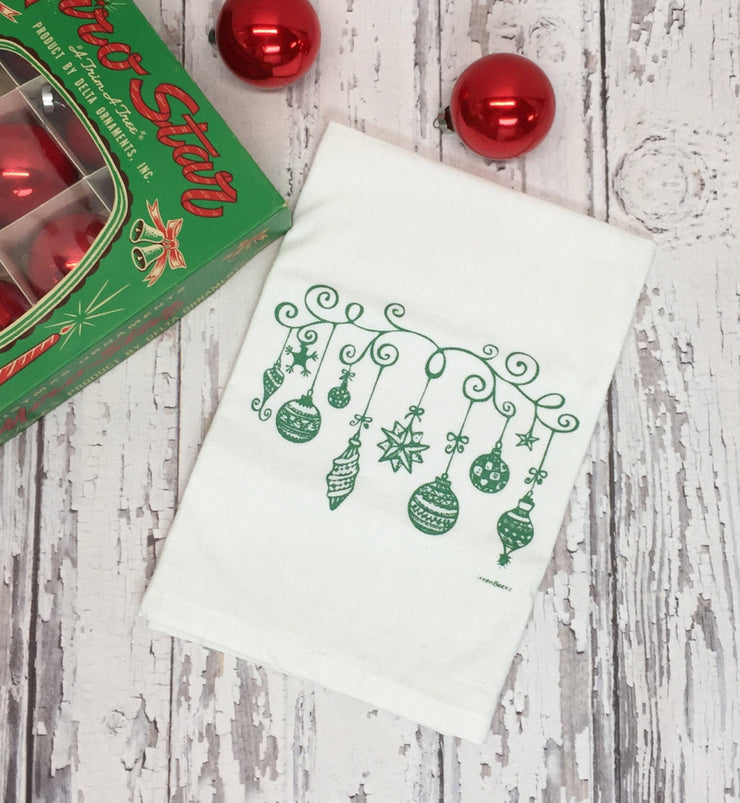 Vintage Christmas Ornaments Tea Towel in Green