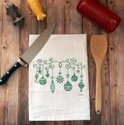 Vintage Christmas Ornaments Tea Towel in Green