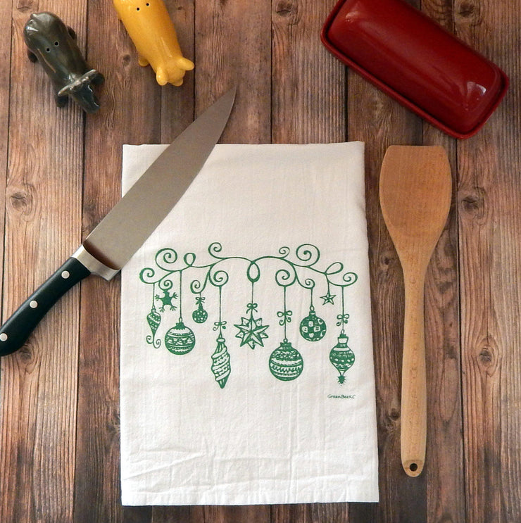 Vintage Christmas Ornaments Tea Towel in Green