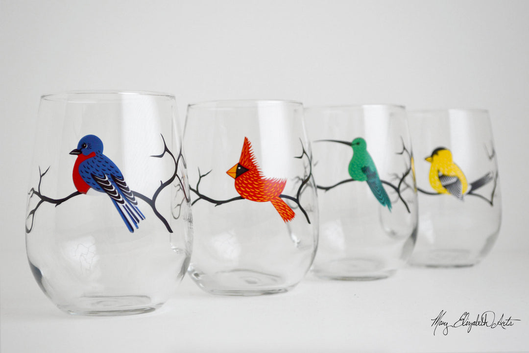bird wine glass Four Birds Stemless Wine Glasses – MaryElizabethArts