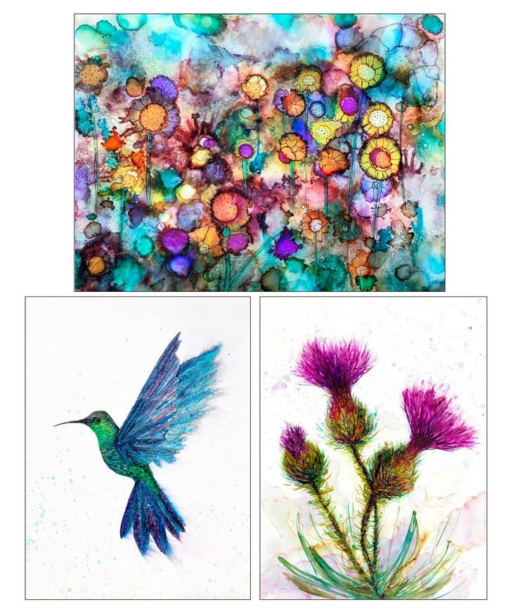 Boxed Set Collection of 3 Art Prints: 5 x 7 inch Prints including Hummingbird, Thistle and Field of Flowers Artist Paintings