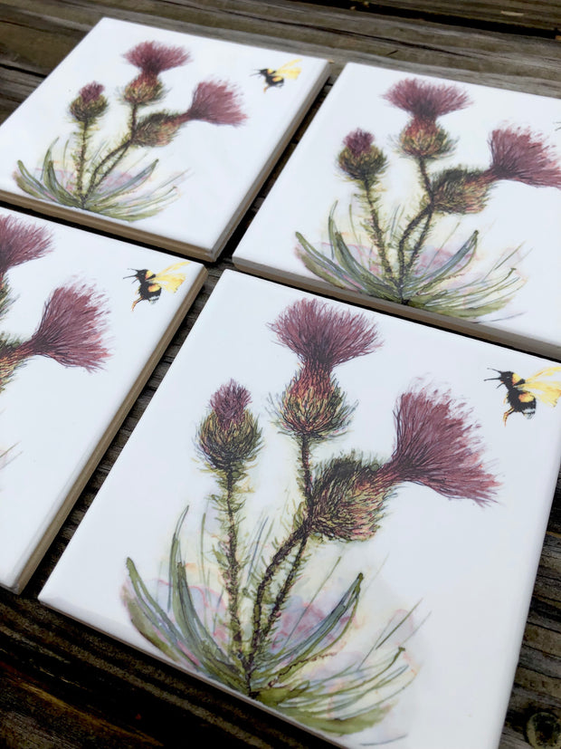 Thistle and Honeybee Ceramic Tiles : Indoor and Outdoor Use