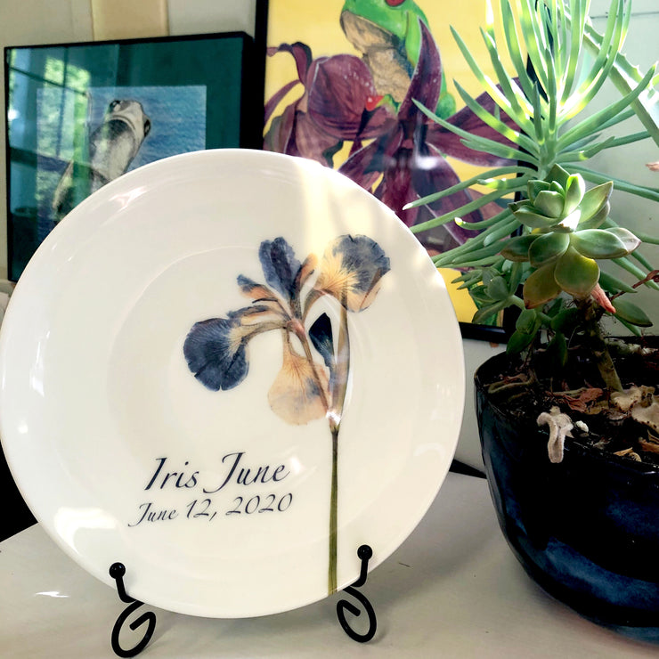 Pressed Iris Personalized Plates, Commemorative Plate, Baby's First Plate