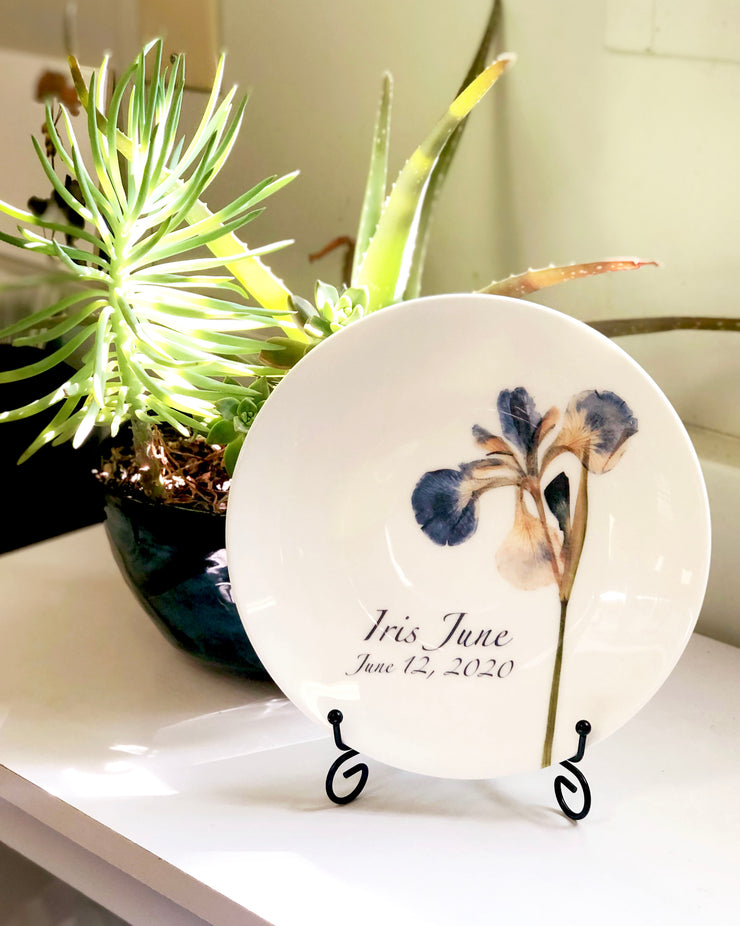 Pressed Iris Personalized Plates, Commemorative Plate, Baby's First Plate