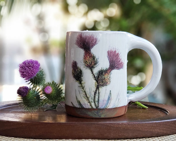 Large Thistle & Honeybee Handmade Pottery Coffee Mug